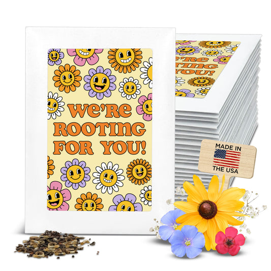 We're Rooting for You, Retro Smiling Flowers, Planting Smiles® Wildflower Seed Packets (Set of 20)